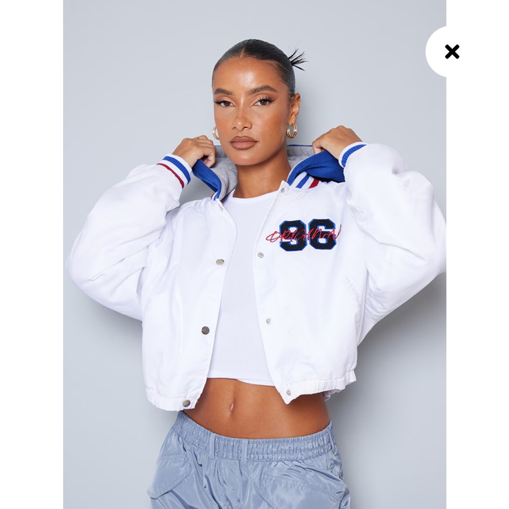 Pretty Little Thing White Contrast Jersey Hooded Cropped Nylon Bomber Jacket